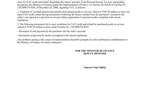 Official Dispatch No. 3046/BTC-TCT, on Condition of via-bank payment documents