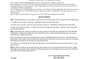 Quyết định 05/2009/QĐ-UBND giá bán nước máy phục vụ sinh hoạt, sản xuất, kinh doanh và dịch vụ trên địa bàn tỉnh Đồng Tháp