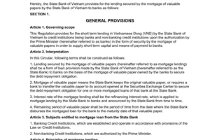 Circular No. 03/2009/TT-NHNN of March 02, 2009, regulation on provision loan secured by the mortgage of valuable papers by the State Bank of Vietnam to banks