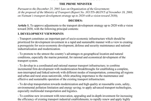 Decision No. 35/2009/QD-TTg of March 3, 2009, approving adjustments to the transport development strategy up to 2020 with a vision toward 2030