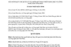 Quyết định 16/2009/QĐ-UBND quản lý tài chính Quỹ phát triển Khoa học Công nghệ Vĩnh Phúc