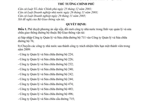 Quyết định 286/QĐ-TTg  phê duyệt phương án sắp xếp, đổi mới công ty nhà nước trong lĩnh vực quản lý và sửa chữa giao thông đường bộ