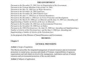 Decree of Government No. 25/2009/ND-CP of March 6, 2009, on integrated management of natural resources and environmental protection of the sea and islands