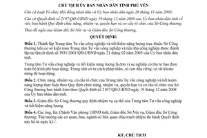 Quyết định số 381/QĐ-UBND 2009 lập Trung tâm Tư vấn công nghiệp tiết kiệm năng lượng Phú Yên