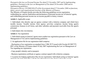 Circular No. 42/2009/TT-BTC of March 09th, 2009, guiding withholding personal income tax of lotteries' agents and lottery winners.