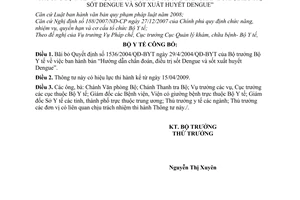 Thông tư 01/2009/TT-BYT bãi bỏ Quyết định 1536/2004/QĐ-BYT bản Hướng dẫn chẩn đoán điều trị sốt xuất huyết Dengue