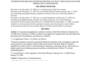 Decision No. 333/QD-TTg of March 10, 2009, amending and supplementing a number of Articles of the Prime Minister’s Decision No. 131/QD-TTg of January 23, 2009, on interest rate supports for organizations or individuals that take bank loans for production and business