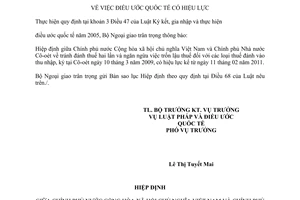 Thông báo hiệu lực tránh đánh thuế hai lần và ngăn ngừa việc trốn lậu thuế