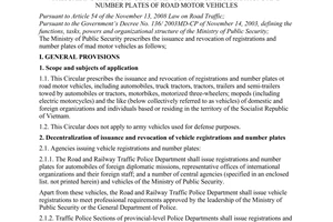 Circular No. 06/2009/TT-BCA(C11) of March 11th, 2009, prescribing the issuance and revocation of registrations and number plates of road motor vehicles.