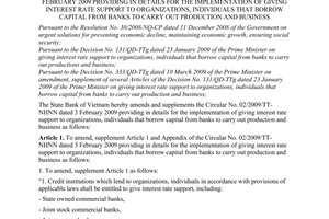 Circular No. 04/2009/TT-NHNN of March 13, 2009, on amendment, supplement of the Circular No. 02/2009/TT-NHNN dated 3 February 2009 providing in details for the implementation of giving interest rate support to organizations, individuals that borrow capital from banks to carry out production and business