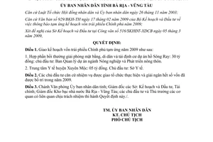 Quyết định 18/2009/QĐ-UBND kế hoạch vốn trái phiếu Chính phủ tạm ứng Bà Rịa
