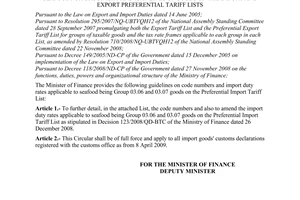 Circular No. 68/2009/TT-BTC of April 3, 2009, amending code numbers and import duty rates applicable to seafood1 or group 03.06 and 03.07 lines of goods on the import and export preferential tariff lists