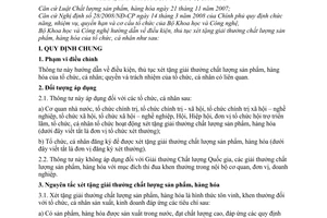 Thông tư 06/2009/TT-BKHCN điều kiện, thủ tục xét tặng giải thưởng chất lượng sản phẩm, hàng hóa tổ chức, cá nhân