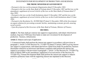 Decision No. 443/QD-TTg of April 04, 2009, on giving interest rate support to organizations, individuals that borrow long, medium term loans from banks to make new investments for development of production and business
