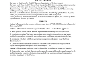 Decree of Government No. 33/2009/ND-CP of April 6, 2009, prescribing the common minimum wage level