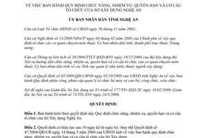 Quyết định 43/2009/QĐ-UBND chức năng nhiệm vụ quyền hạn cơ cấu Sở Xây dựng Nghệ An