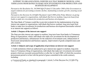 Circular No. 05/2009/TT-NHNN of April 07, 2009, providing in details for the implementation of giving interest rate support to organizations, individuals that borrow medium, long term loans from banks to make new investments for production and business development