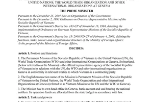 Decision No. 51/2009/QD-TTg of April 8, 2009, defining the functions, tasks, powers and organizational structure of the permanent mission of the socialist republic of Vietnam to the united nations, the world trade organization and other international organizations at Geneva