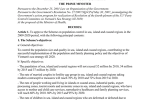 Decision No. 52/2009/QD-TTg of April 9, 2009, approving the scheme on population control in sea, island and coastal regions in the 2009-2020 period