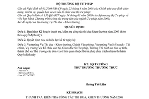 Quyết định 735/QĐ-BTP kế hoạch thanh tra, kiểm tra công tác thi đua khen thưởng năm 2009