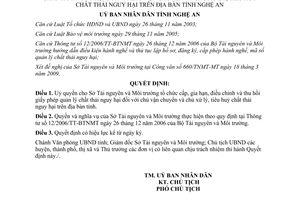 Quyết định 44/2009/QĐ-UBND uỷ quyền cấp gia hạn GP quản lý chất thải Nghệ An