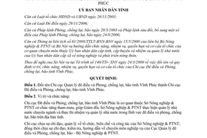 Quyết định 20/2009/QĐ-UBND chức năng Chi cục Đê điều Phòng chống lụt bão Vĩnh Phúc