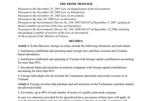 Decision No. 55/2009/QD-TTg of April 15, 2009, on holding rates of foreign investors on the Vietnamese securities market