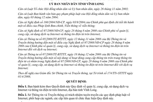 Quyết định 10/2009/QĐ-UBND quản lý cung cấp sử dụng dịch vụ Internet Vĩnh Long