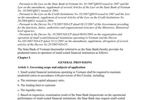 Circular No. 07/2009/TT-NHNN of April 17, 2009, providing for prudential ratios in operation of small scaled financial institutions