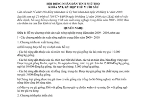 Nghị quyết 176/2009/NQ-HĐND hỗ trợ sản xuất nông nghiệp trọng điểm 2009 2010 Phú Thọ