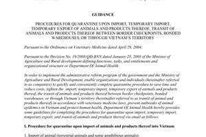 Instruction No. 615/TY-KD of April 20, 2009, procedures for quarantine upon import, temporary import, temporary export of animals and products thereof, transit of animals and products thereof between border checkpoints, bonded warehouses, or through Vietnam’s territory