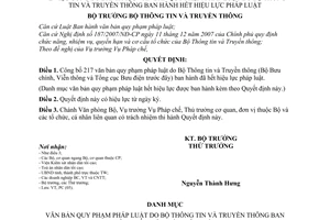 Quyết định501/QĐ-BTTTT công bố danh mục văn bản quy phạm pháp luật