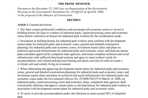 Decision No. 66/2009/QD-TTg of April 24, 2009, promulgating a number of mechanisms and policies to build houses for lease to workers of industrial parks.