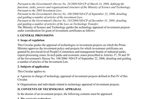 Circular No. 10/2009/TT-BKHCN of April 24, 2009, guiding technology appraisal of investment projects.