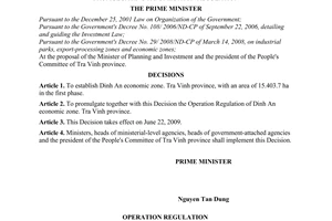Decision No. 69/2009/QD-TTg of April 27, 2009, establishing Dinh An economic zone, ira Vinh province, and promulgating its operation regulation.
