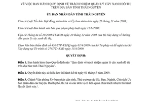 Quyết định 12/2009/QĐ-UBND trách nhiệm quản lý cây xanh đô thị Thái Nguyên