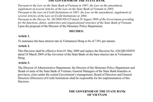 Decision No. 1015/QD-NHNN of April 29th, 2009, on the base interest rate in Vietnamese dong.