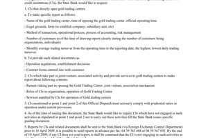 Official Dispatch No. 2241/NHNN-QLNH of April 1, 2009, making report on operation of Gold trading center by credit institutions