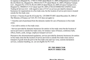 Official Dispatch No. 1575/TCT-CS 2009 rates of VAT by domestic businesses for organizations in a free trade zone