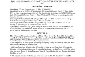 Quyết định 72/2009/QĐ-TTg sửa đổi quy định bồi thường, hỗ trợ tái định cư dự án thủy điện Sơn La hướng dẫn 02/2007/QĐ-TTg