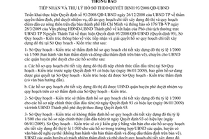 Thông báo 1153/TB-SQHKT tiếp nhận thụ lý hồ sơ theo Quyết định 93/2008/QĐ-UBND