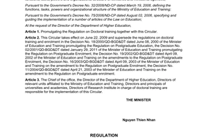 Circular No.10/2009/TT-BGDDT promulgating the regulation on doctoral training