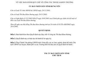 Quyết định 883/QĐ-UBND năm 2009 Quy chế công tác Thi đua Khen thưởng Hưng Yên