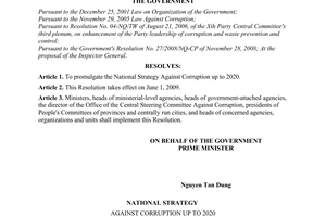Resolution No. 21/NQ-CP of May 12, 2009, promulgating the national strategy against corruption up to 2020.