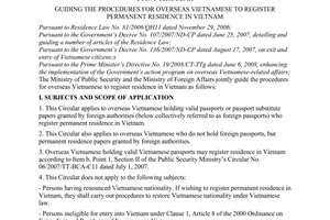 Joint circular No. 05/2009/TTLT-BCA-BNG of May 12, 2009, guiding the procedures for overseas Vietnamese to register permanent residence in Vietnam.