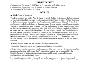 Decree No. 46/2009/ND-CP of May 13, 2009, detailing and guiding a number of articles of the Ordinance on Defense Industry.
