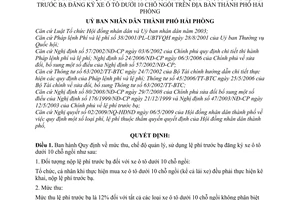 Quyết định 852/2009/QĐ-UBND quy định mức thu, chế độ quản lý, sử dụng lệ phí trước bạ đăng ký xe ô tô dưới 10 chỗ ngồi  thành phố Hải Phòng