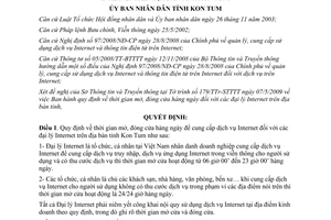 Quyết định 30/2009/QĐ-UBND quy định thời gian mở đóng cửa hàng ngày đại lý Internet Kon Tum
