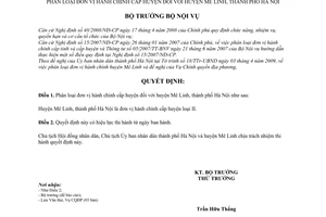 Quyết định 811/QĐ-BNV phân loại đơn vị hành chính cấp huyện Mê Linh, thành phố Hà Nội