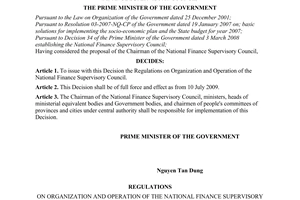 Decision No. 79/2009/QD-TTg of May 18th, 2009, issuing regulations on organization and operation of the National Finance Supervisory Council.